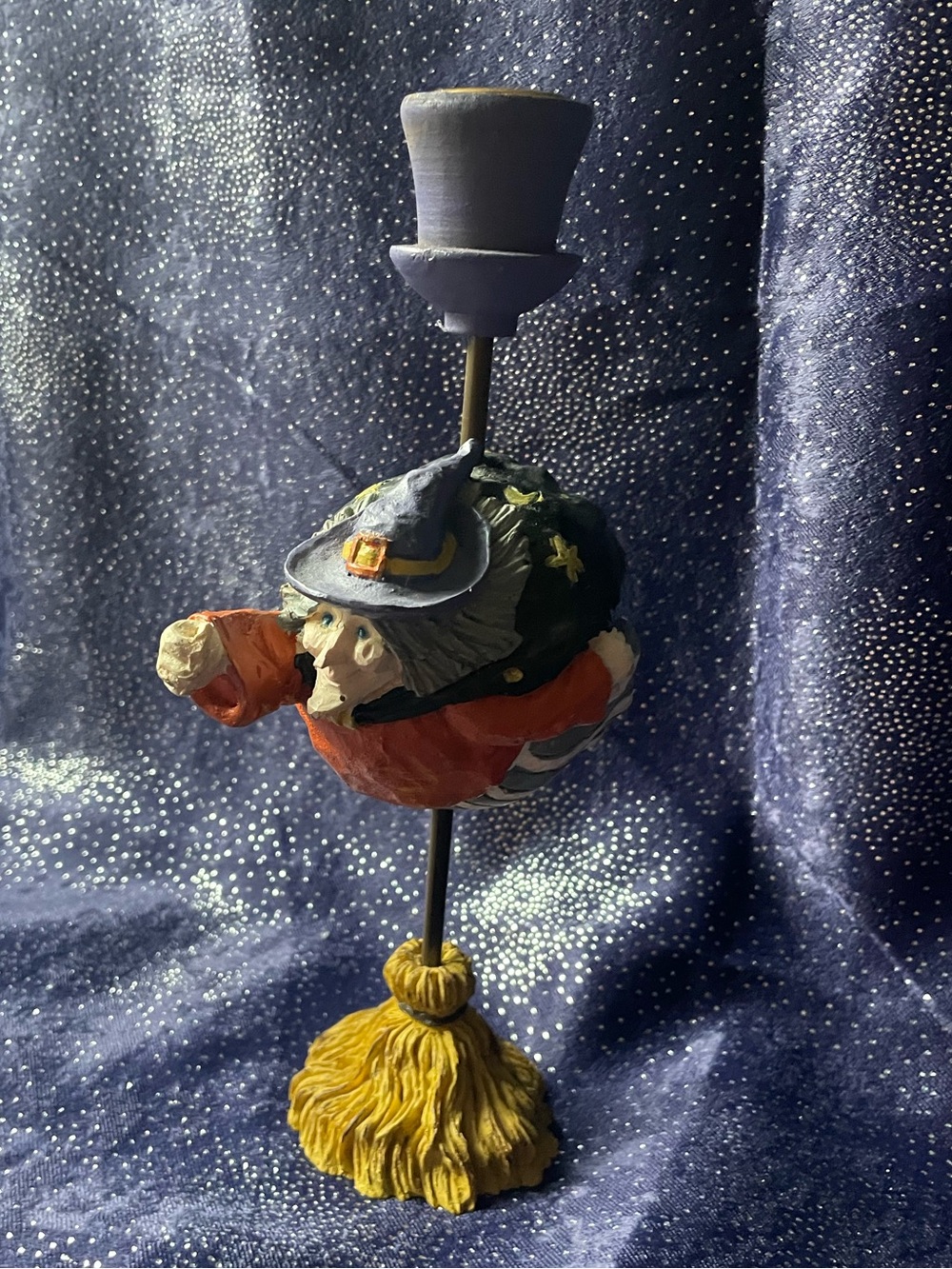 Flying Witch On Broom Whimsical Candlestick Holder